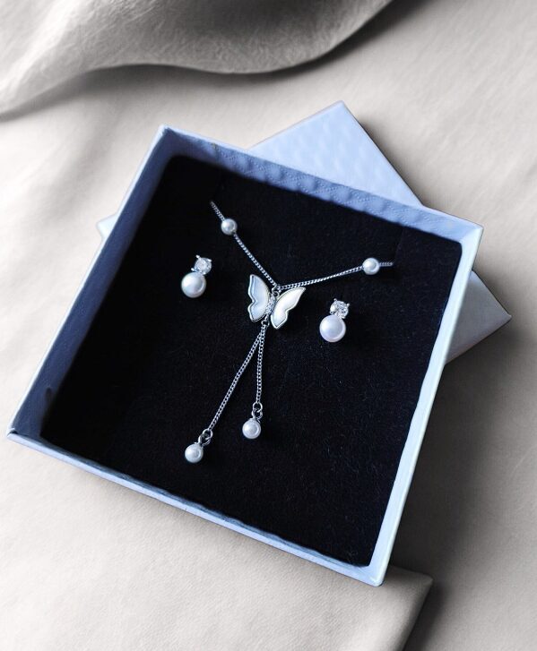 Sidabrinis papuošalų rinkinys su perlais ir drugelio motyvu, 925 prabos sidabras su rodžio danga